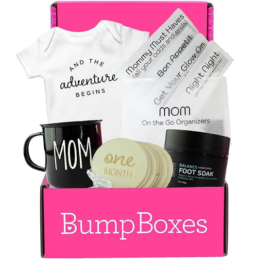 Bump Boxes 3rd Trimester & Postpartum Gift Set for New Moms with Milestone Disc, Baby Onesie, Travel Bags, Ceramic Mug, Organic Foot Soak, Gift for Mother to Be