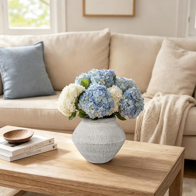 Briful Rustic Ceramic Vase 6'' Decorative Farmhouse Table Vase, Off White | Weathered Light Clay Urn Pottery for Shelf Decor, Entryway Console, Bathroom Vanity, Coffee Table Centerpiece, Faux Floral