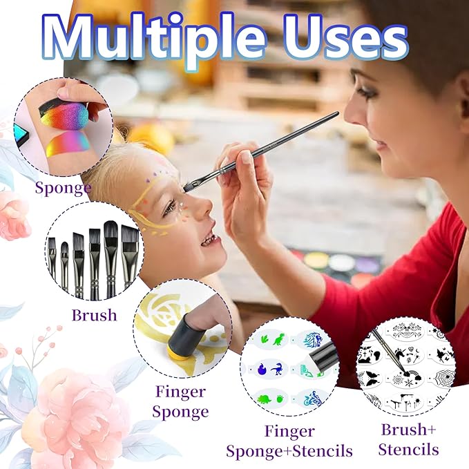 12 Pcs Face Paint Brushes, Nylon Black Paint Brushes Set with 30 Pcs Sponges, Face Painting Brush and Sponge Set for Halloween, Body Art, Acrylic Oil Watercolor Painting