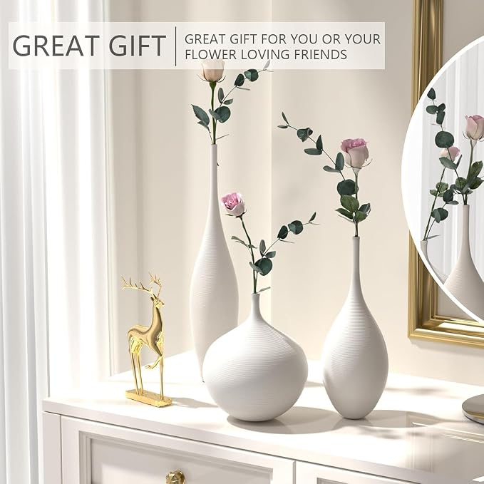 Relexome White Ceramic Vase Modern Boho Wabi-Sabi Flower Vase Set of 3 Decorative Aesthetic Vases for Centerpieces Pampas Matte Minimalist Vases for Living Room Table Shelf Home Decor Gift
