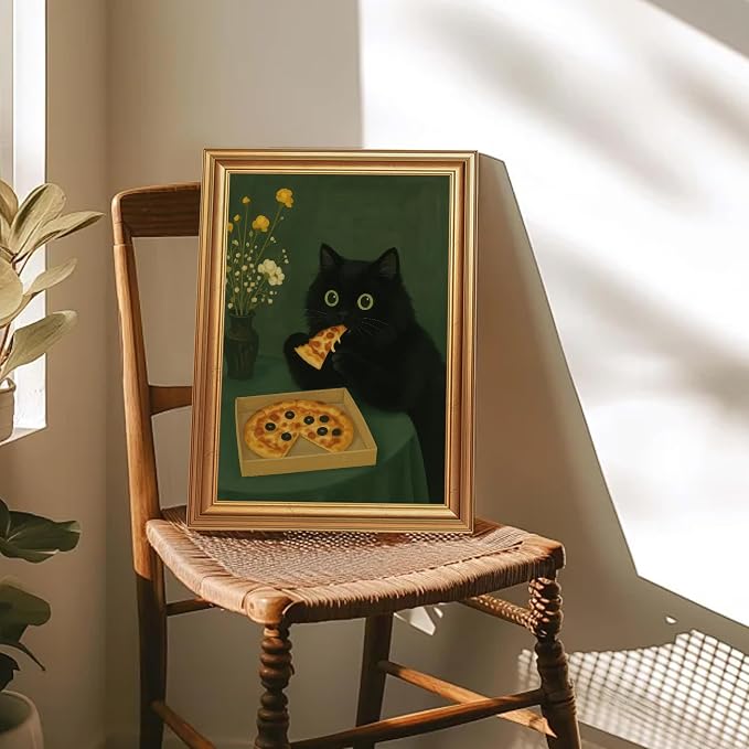 ICHZUMW Gold Framed Funny Black Cat Eating Pizza Canvas Wall Art, 12x16 In | Quirky Cat Print Humorous Animal Kitchen Wall Decor, Dining Room Bedroom Living Room, Fade Resistant, Ready to Hang