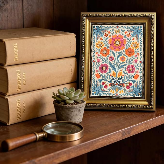 Mexican Folk Gold Framed Wall Art Vintage Floral Butterfly Wall Decor Art | Colorful Botanical Pictures Canvas Art Maximalist Small Framed Prints Artwork Vanity Bedside Tables Bookshelf Gallery Wall