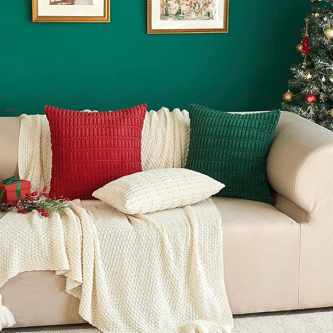 MIULEE Corduroy Decorative Throw Pillow Covers 16x16 Dark Green Pack of 2 | Soft Boho Striped Pillow Covers Modern Farmhouse Home Decor For Sofa Living Room Couch Bed