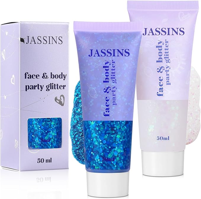 JASSINS 2PCS Body Glitter, 100ml Blue and White Face Glitter for Women Girls Kids, Glitter Gel Makeup Tween Gifts, Singer Concerts Festival Rave Accessories, Chunky Mermaid Sequins Glitter