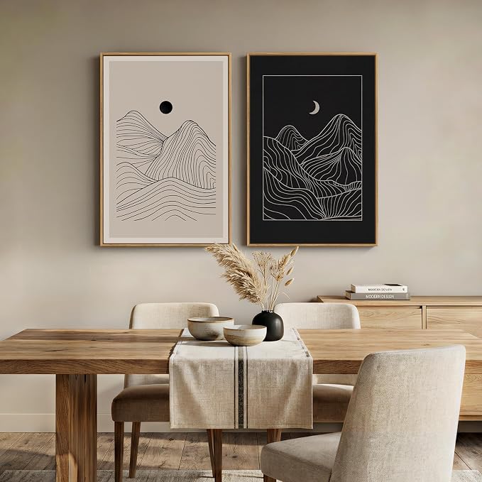 Large Framed Black and Beige Neutral Abstract Wall Art for Living Room, Set of 2 Modern Canvas Prints Paintings Artwork for Walls, Mountain and Moon Pictures for Bedroom Hallway Wall Decor 24x36 In