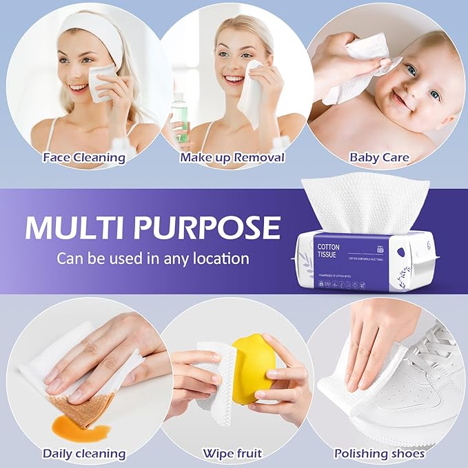 Disposable Face Towel 600 Count, Face Clean Towels, Soft Cotton Dry Wipes Facial Cloths Towelettes for Washing and Drying, Facial Tissue for Cleansing, Skincare and Makeup Remover