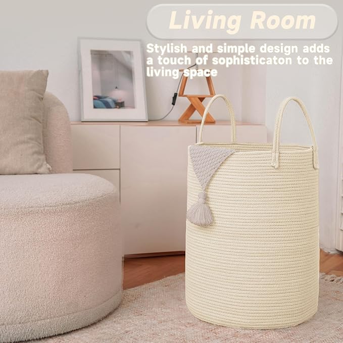 JMvicyroam 100L Cotton Rope Laundry Basket Hamper, Beige | Collapsible laundry basket, reinforced handles, freestanding, machine washable, holds 3-5 thick blankets, clothes or toys