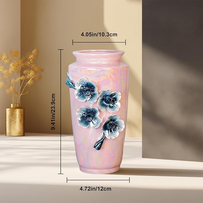 Pink Ceramic Vase 9 Inch - Modern Decorative Vase for Home Decor, Living Room, Centerpiece, Wedding, Office, Pink Decor