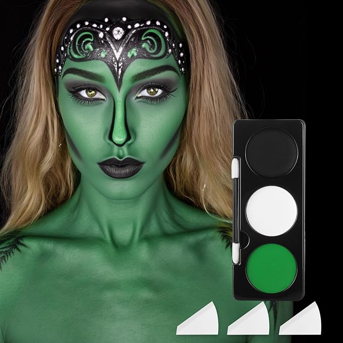 Green Witch Makeup Kit,Black White Green Face Paint + 3PC Sponge + Brush,Zombie Hulk Hunting 3 Colors Body Paint Palette,Safe Halloween Elphaba Costume Frankenstein Cosplay Set for Kids,21g