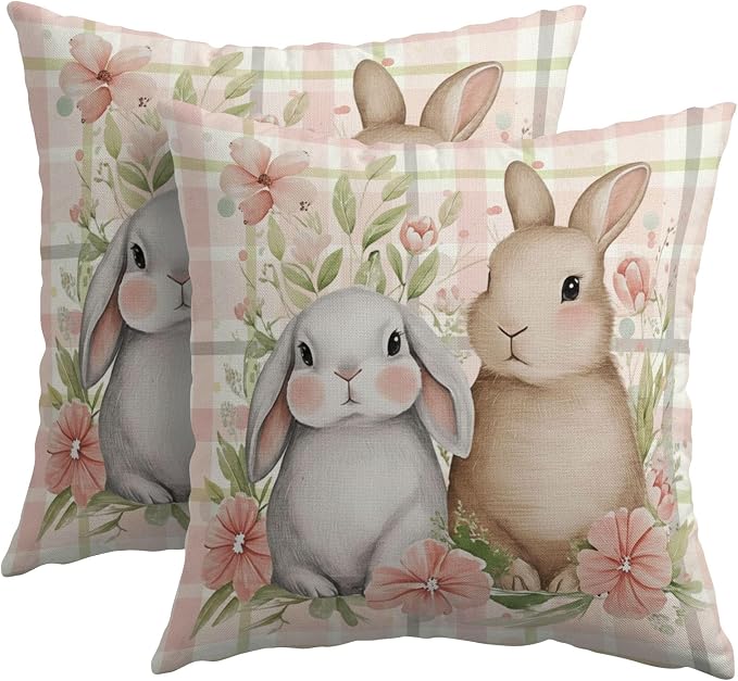 Easter Bunny Pillow Covers 16x16 Inch Spring Rabbit Floral Decorative Pillow Cases Pink Plaid Throw Pillows Set of 2 Seasonal Modern Farmhouse Home Decor for Sofa Couch Outdoor