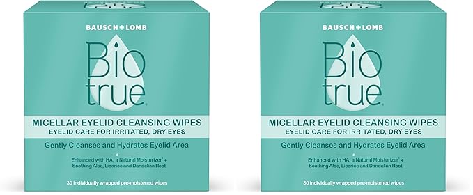 Biotrue Micellar Eyelid Cleansing Wipes, Fragrance-Free Eyelid Care for Dry, Irritated Eyes, Gently Cleanses, Hydrates & Soothes Eyelids, Moisturizing Eye-Wipes for Daily Use, 30 Count,(Pack of 2)