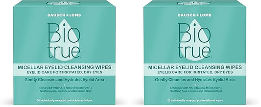 Biotrue Micellar Eyelid Cleansing Wipes, Fragrance-Free Eyelid Care for Dry, Irritated Eyes, Gently Cleanses, Hydrates & Soothes Eyelids, Moisturizing Eye-Wipes for Daily Use, 30 Count,(Pack of 2)