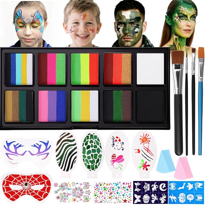 Janolia Face Painting Kit for Kids, Camo Face Paint Kit, Water Activated Face Paint, Rainbow Split Cake Face Body Paint, Ideal Facepaint Makeup Kit for Kids Party Cosplay Halloween Easter Carnival