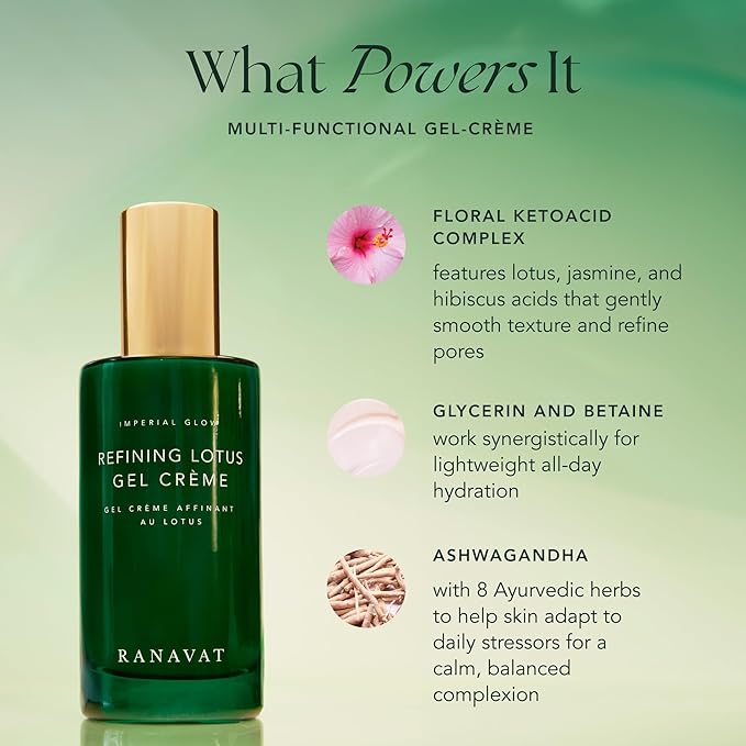 RANAVAT Refining Lotus Gel Cream - Hydrating Gel Moisturizer & Pore Minimizer – Improves Radiance & Texture with Hyaluronic Acid & Floral Ketoacids (1.7 oz)