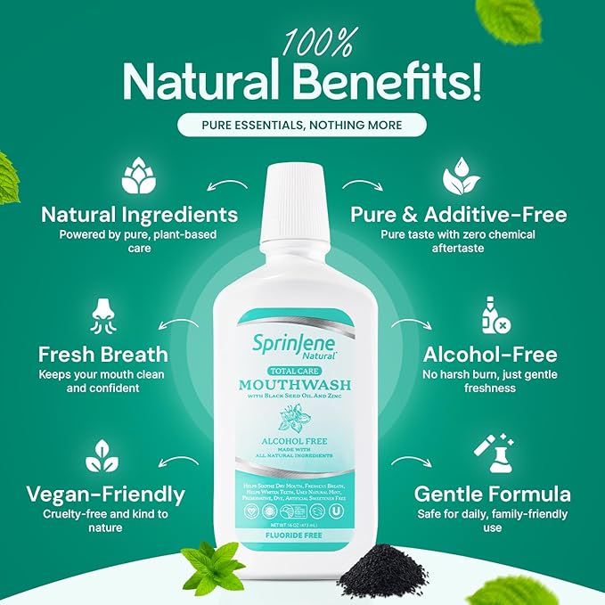 SprinJene Alcohol Free Mouthwash with Xylitol – Fluoride Free Natural Mouthwash for Dry Mouth, Whitening & Fresh Breath – Patented Black Seed Oil & Zinc Formula – Vegan & Made in The USA (1 Pack)