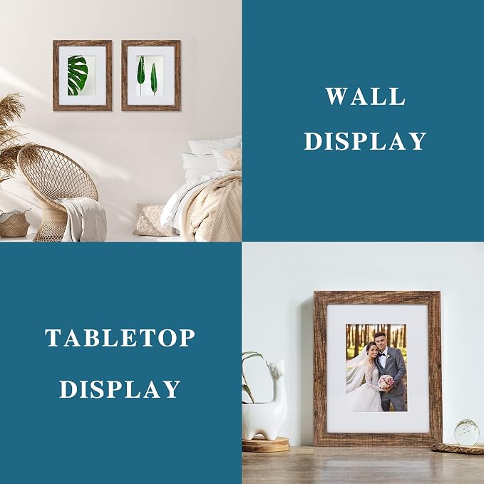 Hongkee 8x10 Picture Frame Set of 4, Made of Real Glass and Rustic Brown Wooden Frame, 8 by 10 Photo for Wall or Tabletop - Display Picture 5x7 with Mat or 8x10 Without Mat