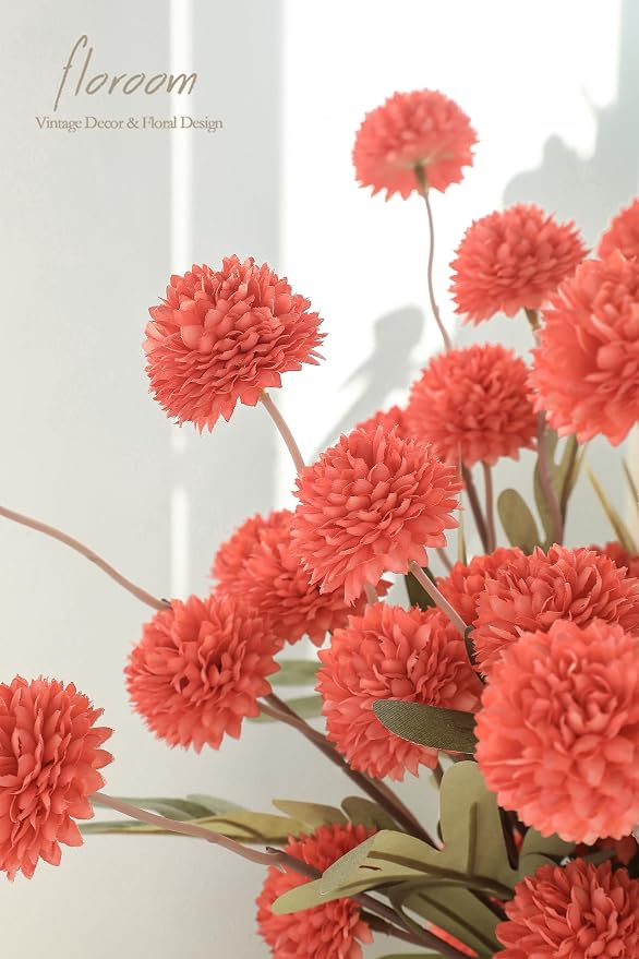 5pcs Coral Orange Faux Silk Mums Artificial Flowers, Bulk Fake Small Mini Chrysanthemums with Stems for DIY Wedding Centerpieces Floral Arrangements Vase Fillers Home Decorations