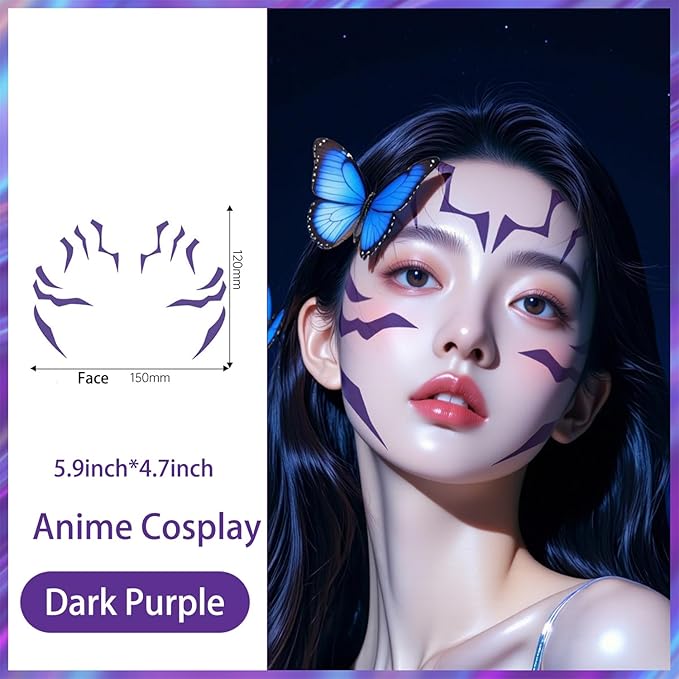 Rumi Tattoos Body Set–10 Purple Pieces per Pack (1 Face, 2 Chest, 2 Upper Arm, 2 Forearm, 1 Waist, 2 Thighs Symmetrical), Temporary Body Tattoos, Waterproof & Skin-Safe (Purple, 2 Pack)