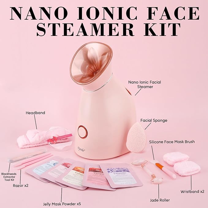 Pjordo Facial Steamer Spa Kit, 12 Skin Care Tools & 5 Jelly Mask Powder, Nano Ionic Steamer for Facial Deep Cleaning Unclog Pores Sinuses, Warm Mist Humidifier for Home SPA, Valentines Gifts for Women