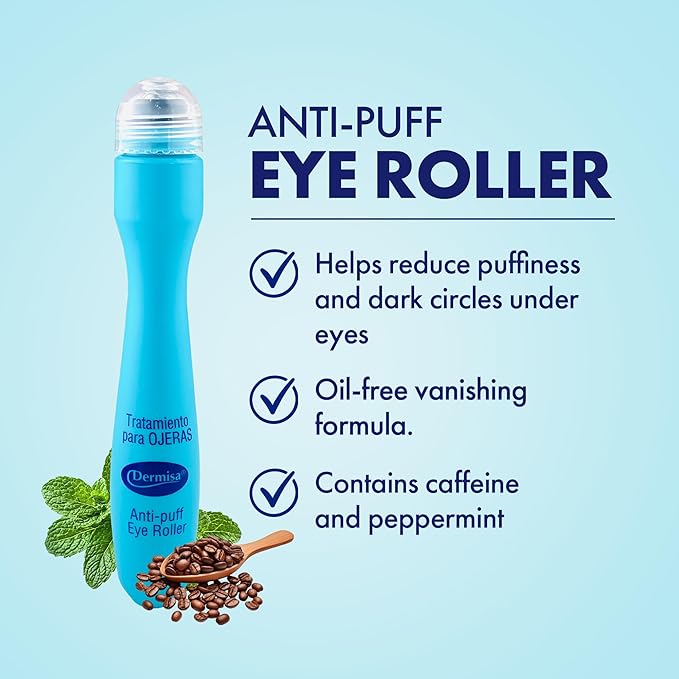 Dermisa Eye Roller for Puffy Eyes - Anti-Puff Dark Circle Under Eye Treatment Serum with Caffeine & Peppermint for Bright, Healthy Skin - Paraben, Fragrance, Dye and Oil Free - Made in USA - Pack of 1