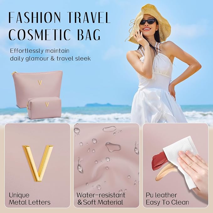 Women Gifts | Initial Makeup Bag for Girl Personalized Gifts for Bridesmaid Friend PU Leather Cosmetic Travel Toiletry Bag(Pink,V)
