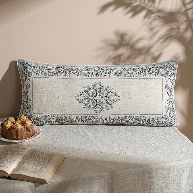 Designer Vintage Linen Throw Pillow Cover,28"x12"-Segerman A | Elegant Chinoiserie Rectangle Pillow Cover,Concealed Zipper Design,Floral Pattern,Sofas,Bedroom,Living Room,Lounge Chairs