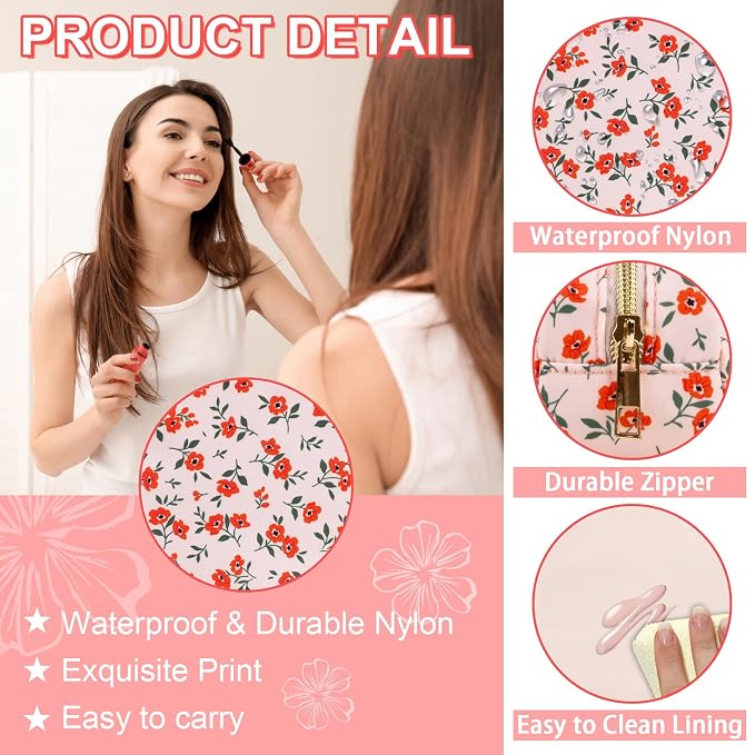 Waterproof Small Floral Pencil Case Makeup Bag for Purse,Cute Flower Pencil Pouch Preppy Nylon Makeup Brush Holder with Zipper,Girls Portable Storage Case Small Pen Bag for Work(Slim Pink-Flowers)
