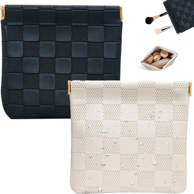 2 PCS Small Makeup Bag for Women, Small Pouches for Purse,Mini Checkered Cosmetic Bag Waterproof Pouch for Travel Storage bag, for Cosmetics Headphones Jewelry Cosmetic Lipstick Coins (Black, Beige)