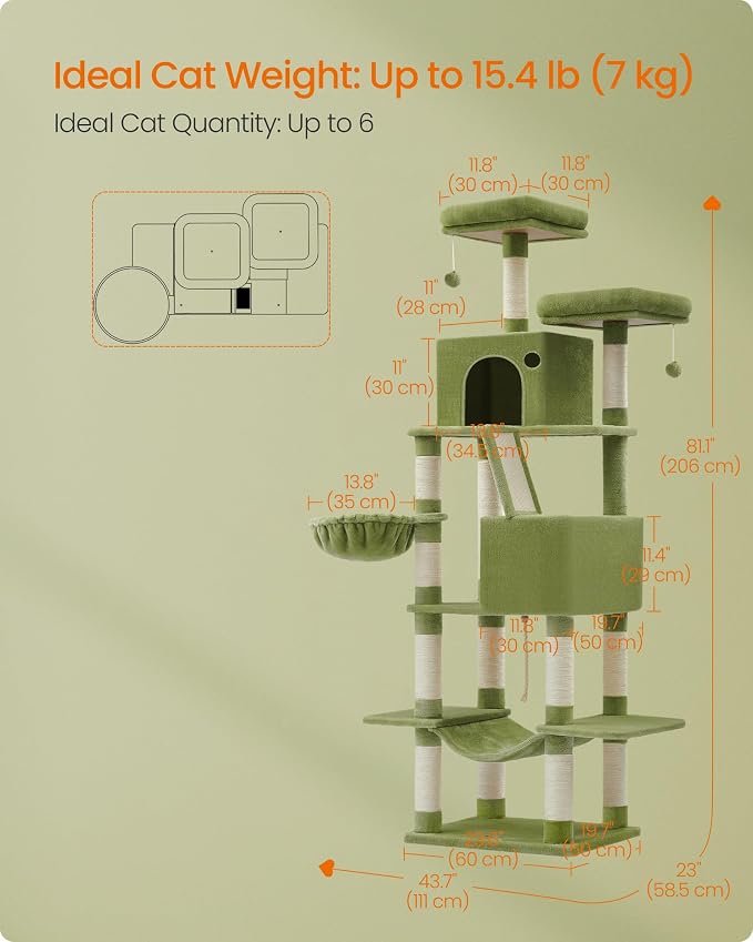 Feandrea Cat Tree, 81.1-Inch Large Cat Tower, Multi-Level Condo, Green | with 13 Sisal Scratching Posts, 2 Perches, 2 Cave, Hammock, Basket, Pompoms for Indoor Cats, Easy to Assemble, UPCT190C01