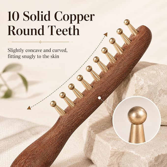 YUXIANLB Copper Sandalwood Wide Tooth Massage Comb, Rounded Bristles | meridian, acupuncture, gua sha tool, detangling sandalwood, reduces frizz and static, for hair growth scalp body relaxation