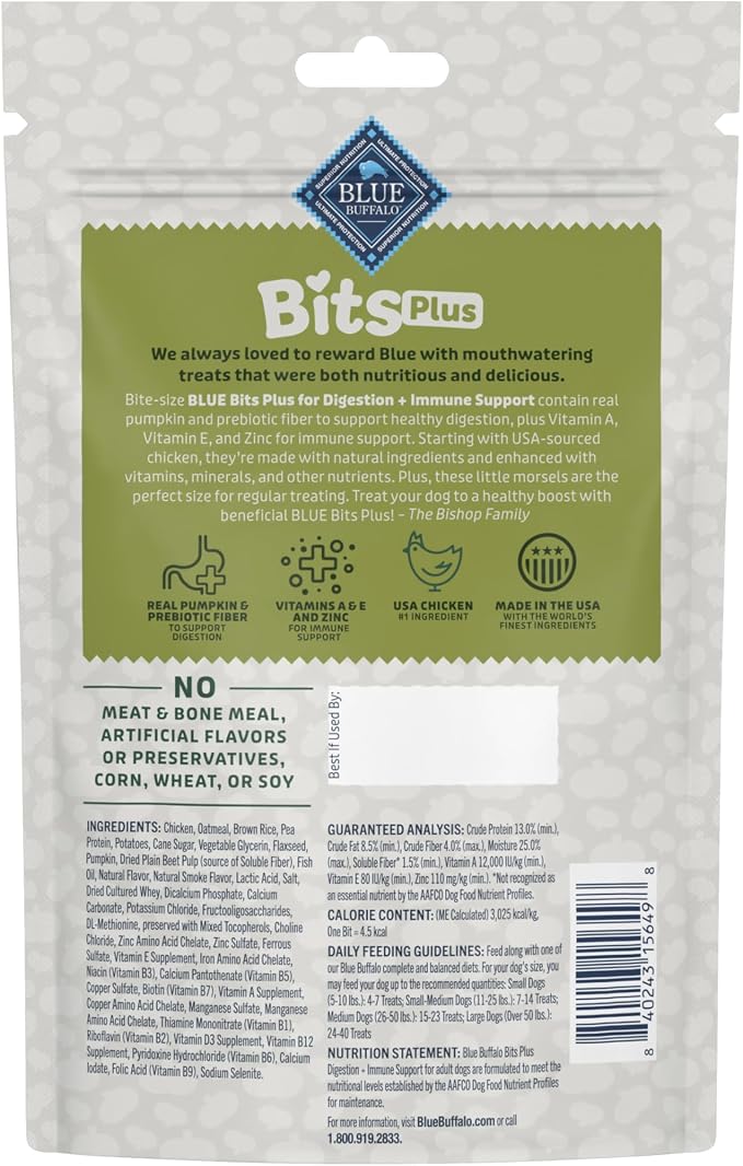 Blue Buffalo Bits Plus Chicken Dog Treats, 9.5 oz | Digestion Support, Real Pumpkin & Prebiotic Fiber, Vitamin A, E & Zinc for Immune Support