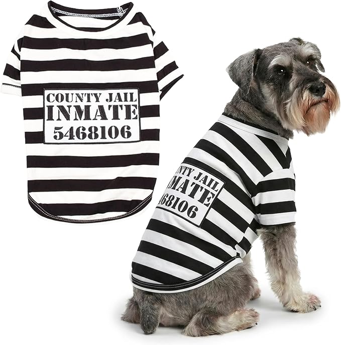 Parisian Pet Prisoner Dog Costume - 100% Cotton Striped Dog Clothes for Large Dogs - Lightweight Puppy Outfits - Funny French Bulldog Clothes - Sleeved Shirt for Dogs - Stretchy Pet Costume