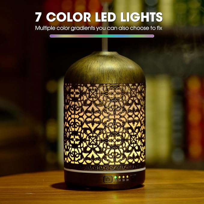 250ML Essential Oil Aromatherapy Diffuser for Home Bedroom Office Metal Hollow Decorative Room Ultrasonic Air Scent Mist Aroma Diffuser -Gold