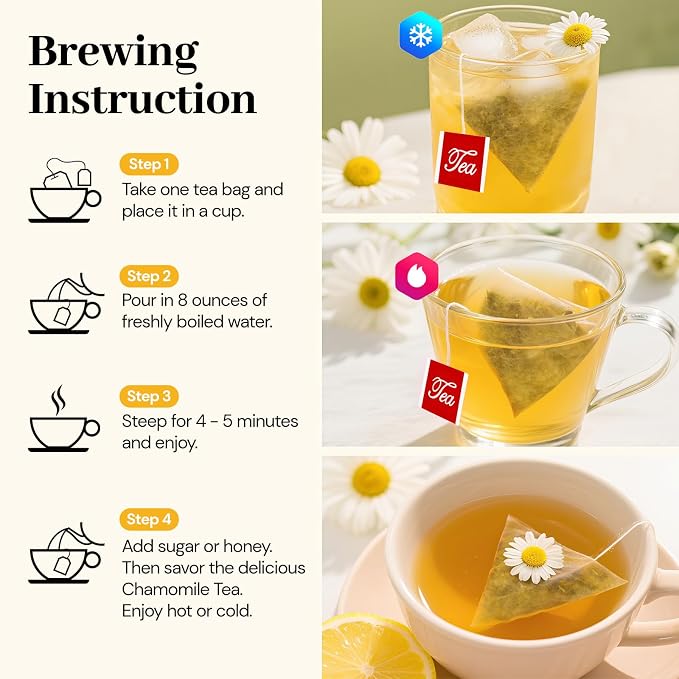 Chamomile Tea Bags, 100% Natural Dried Chamomile Tea Flowers Loose Leaf Premium Herbal Tea No Sugar/Gluten, Caffeine Free-50 Count (Pack of 1)