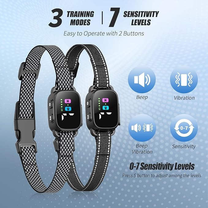 Anti Bark Collar for Small Dogs 2 Pack, No Shock Bark Collar with Beep & Vibration, 7 Sensitivity Levels, Smart Bark Detection, Rechargeable IP67 Waterproof Bark Collar for Small Dogs 5-30lbs