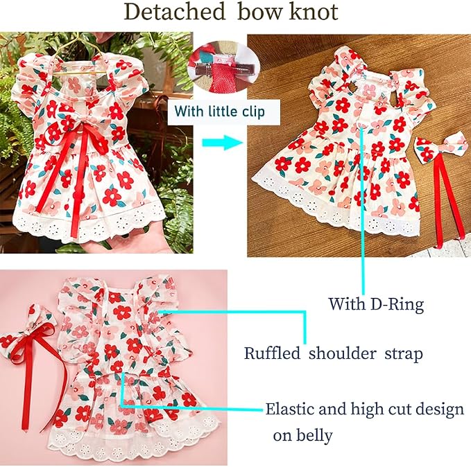 ANIAC Floral Dog Dress with D-Ring Dog Dresses for Small Dogs Girl Bow Cat Dress for Cat only Dog Outfit Summer Puppy Clothes for Chihuahua Yorkie Dachshund Pomeranian (2XL, Floral)