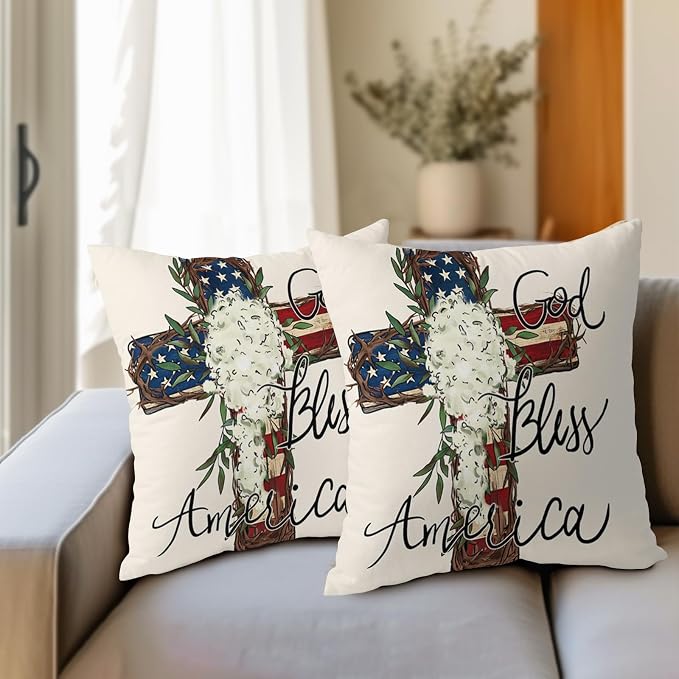 God Bless America Stars Stripes Pillow Covers 20X20 Inch Set of 2 4th of July Patriotic Floral Decorative Pillow Cases Independence Memorial Day Cushion Case Holiday Home Decor for Sofa Couch Bed