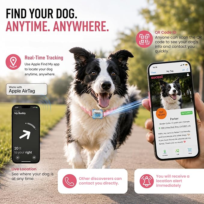 AirTag Dog Collar with QR Code ID, Dog Collar with Air Tag Holder, Pink, M