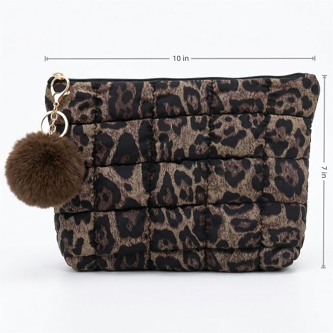 Leopard Puffer Quilted Makeup Bag for Women with Furry Keychains - 10" Roomy Puffy Cosmetic Pouch, Travel Toiletry Organizer Bag (LP-Fu-BW)
