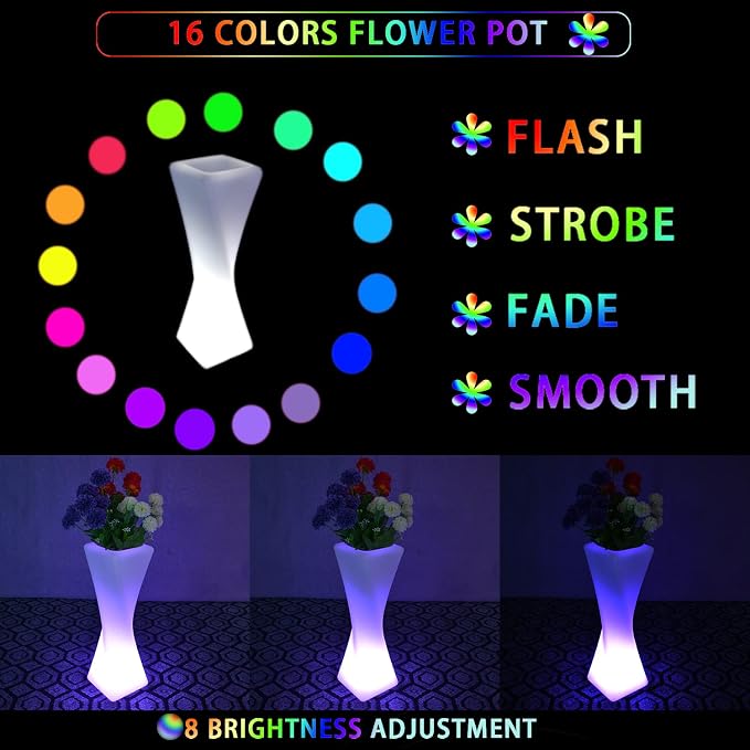 20 inch LED Vase Night Light with Remote, 16 Colors Rechargeable Vase | Dimmable RGB LED Lighted Vase, IP65 Waterproof Flower Pot Light, 4 Modes Mood Lamp for Living Room Balcony Yard Wedding Decor