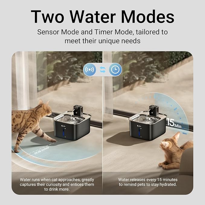 DownyPaws Cat Water Fountain Stainless Steel Wireless Automatic, Black | Cordless Battery Operated Pet Water Fountain, 101 Oz/3L Water Fountain for Cats Drinking with Motion Sensor