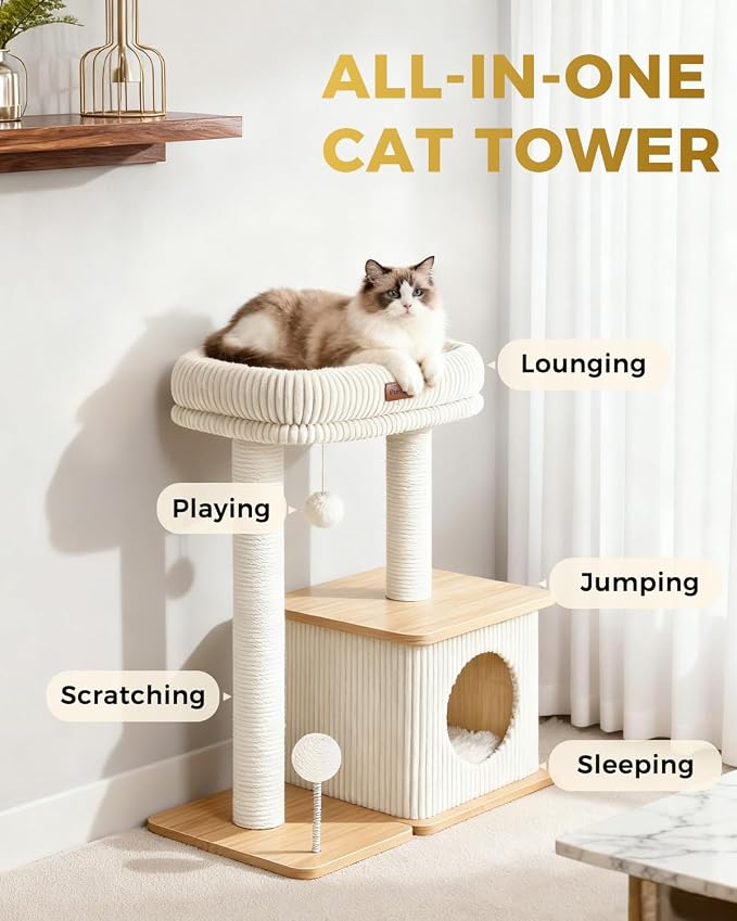 Small Cat Tree for Indoor Kittens, 30" Compact Modern Cat Tower | Natural Bamboo Cozy Condo, Soft Padded Perch, Sisal Scratching Post, Dangling Ball Toy, Stable Base, for Cats up to 15 lbs