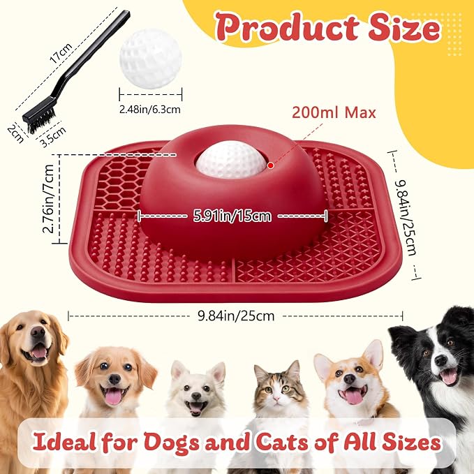 Slow Feeder Dog Bowls & Lick Mat for Liquid and Thick Treat, Anti-Slip Dog Lick Bowl with Interactive Rolling Ball, 5/6 Cup Pup Licking Toy for Large Medium Small Dogs and Cats Red