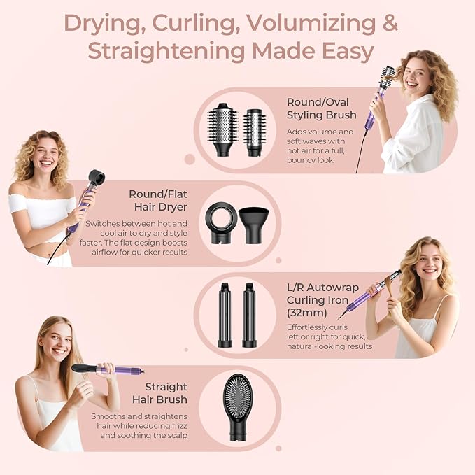 Vincofy 7-in-1 Hair Dryer Brush and Hair Styler Set – Fast Drying, Curling, Straightening & Volumizing – Hot Air Styling Tool with No Heat Damage – for All Hair Types – Purple