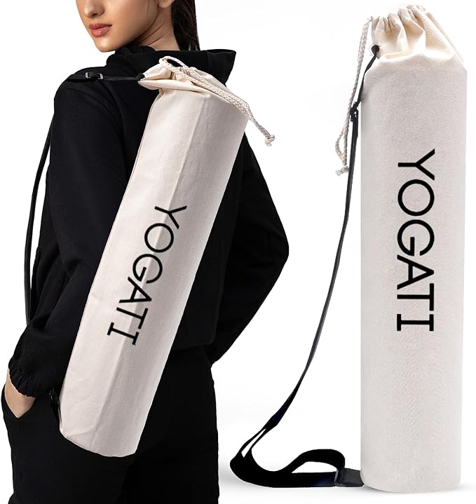 YOGATI® Cotton Yoga Mat Bag with Adjustable Strap | Durable Yoga Bag for Mats, Perfect for Pilates and Fitness Enthusiasts | Can Fit Thick and Even Wide Yoga Mats to Protect and Carry Around - Beige