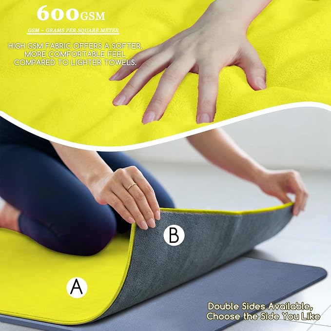 Yoga Mat Towel, Extra Thick (600GSM) Soft Hot Yoga Towel, Non-Slip and Sweat Absorbent for Hot Yoga, Bikram, Pilates, and Fitness, 72" x 27.5", Dual-Color, Grey/Yellow