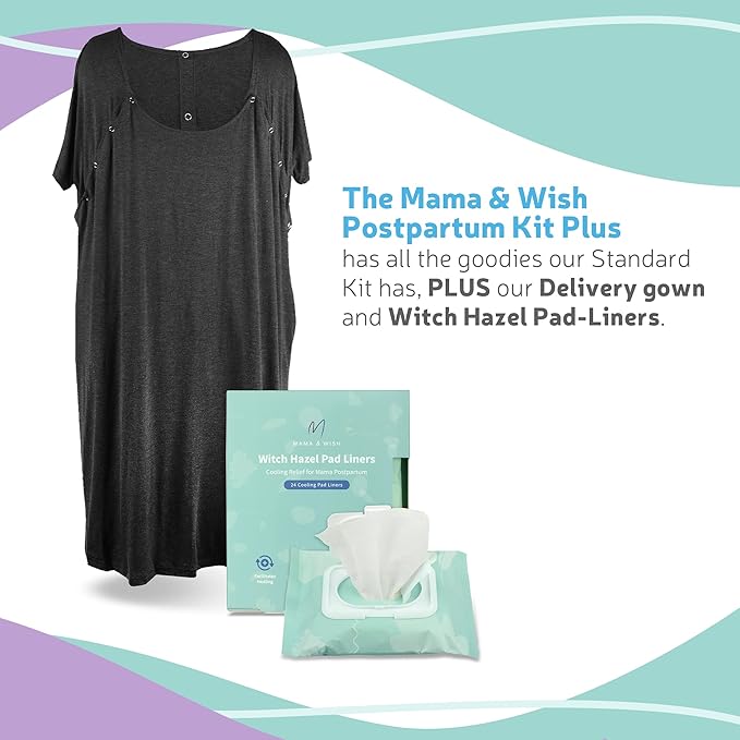 Mama & Wish® Postpartum Essentials Kit (14-Piece) - Includes Hospital Post Partum Essentials for Women After Birth, Labor and Delivery Gown, Peri Bottle, Witch Hazel Foam, Pad Liners & More!