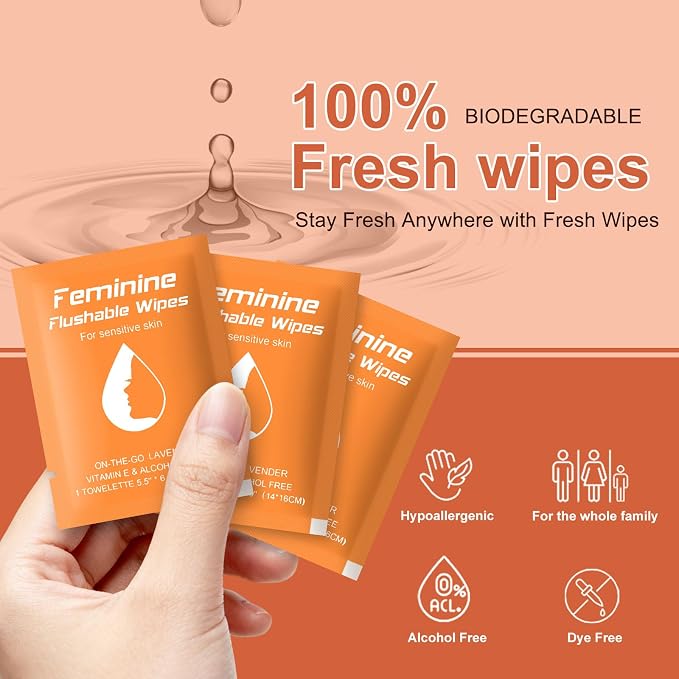 twoworld 100 Feminine Wipes Flushable Travel Individually Wrapped | Travel Wipes for Women,Feminine Care Wet Wipes Travel Size Vaginal Wipes for Adult,Girl and Homeless(Lavender)