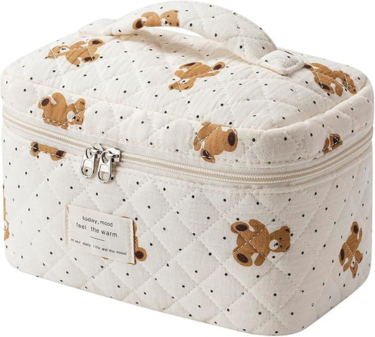 uekeboag Large Travel Quilted Makeup Bag for Women, Floral Cotton Cosmetic Bag, Coquette Aesthetic Floral Toiletry Organizer Bag