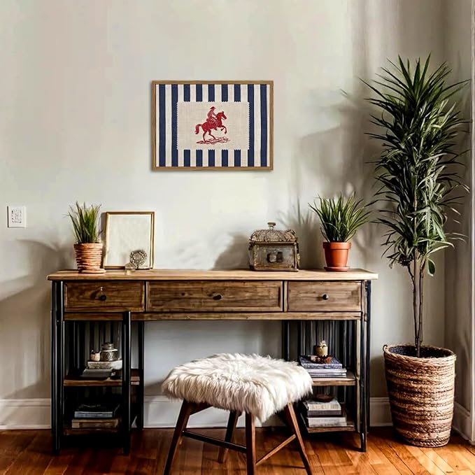 Vintage Western Wall Art Mid Century Striped Cowboy Wall Decor Painting Blue and White Southwest Poster Canvas Print for Bedroom Lving Room 16x24 inch Wood Framed